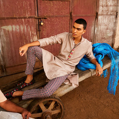 Concrete Grey Kurta With Highlighted Collar And Patti Teamed With Pants